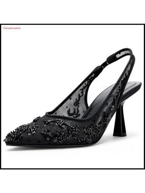 Women's Kitten Heel Slingback Pumps Embroidered Bridal Wedding Heels